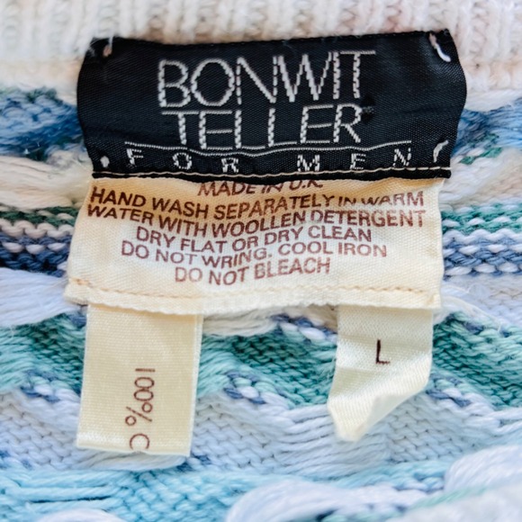 VTG Bonwit Teller Trippy Puff Sweater Men L Cotton Chain Knit Blue Green Indie - Picture 7 of 14